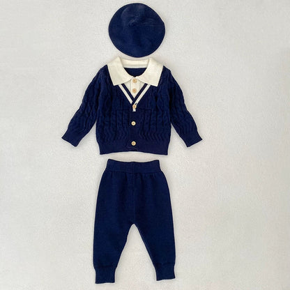 MyKids-USA® Baby Unisex Long Sleeves Geometric Pattern Knitted Top Cardigan and Long Trousers Clothing Set