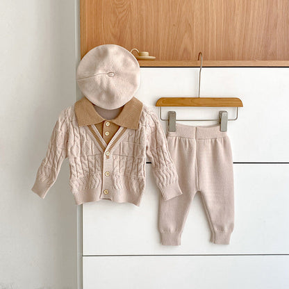 MyKids-USA® Baby Unisex Long Sleeves Geometric Pattern Knitted Top Cardigan and Long Trousers Clothing Set