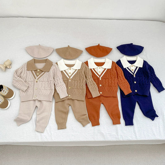 MyKids-USA® Baby Unisex Long Sleeves Geometric Pattern Knitted Top Cardigan and Long Trousers Clothing Set