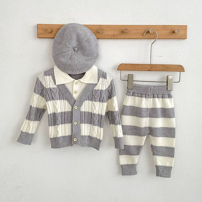 MyKids-USA® Baby Unisex Long Sleeves Striped Pattern Knitted Top Cardigan and Long Trousers Clothing Set