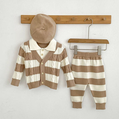 MyKids-USA® Baby Unisex Long Sleeves Striped Pattern Knitted Top Cardigan and Long Trousers Clothing Set
