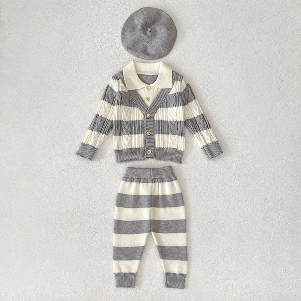 MyKids-USA® Baby Unisex Long Sleeves Striped Pattern Knitted Top Cardigan and Long Trousers Clothing Set