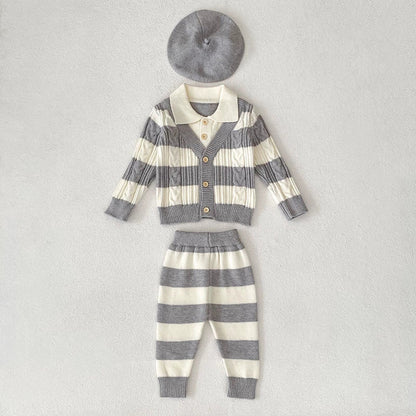MyKids-USA® Baby Unisex Long Sleeves Striped Pattern Knitted Top Cardigan and Long Trousers Clothing Set