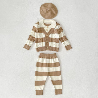 MyKids-USA® Baby Unisex Long Sleeves Striped Pattern Knitted Top Cardigan and Long Trousers Clothing Set