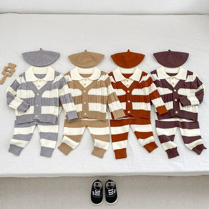 MyKids-USA® Baby Unisex Long Sleeves Striped Pattern Knitted Top Cardigan and Long Trousers Clothing Set