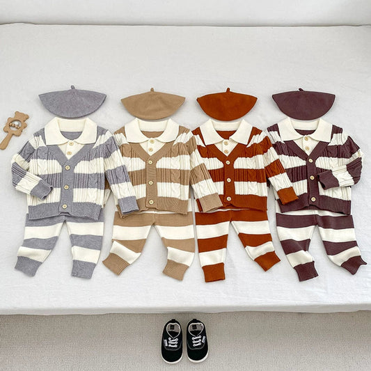 MyKids-USA® Baby Unisex Long Sleeves Striped Pattern Knitted Top Cardigan and Long Trousers Clothing Set