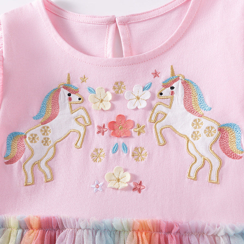 MyKids-USA® Unicorn Cartoon Pattern Long Sleeves Tulle Patchwork Dress for Stylish Girls