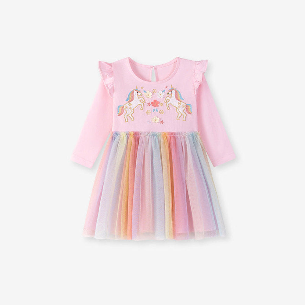 MyKids-USA® Unicorn Cartoon Pattern Long Sleeves Tulle Patchwork Dress for Stylish Girls