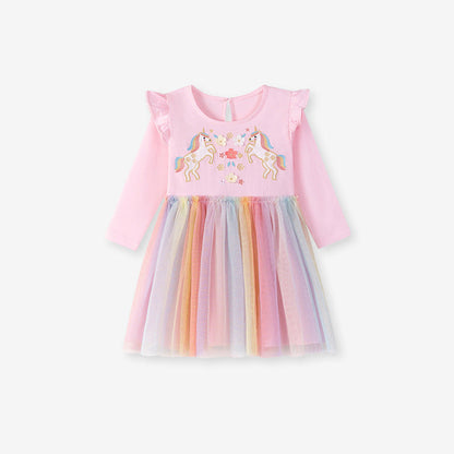 MyKids-USA® Unicorn Cartoon Pattern Long Sleeves Tulle Patchwork Dress for Stylish Girls