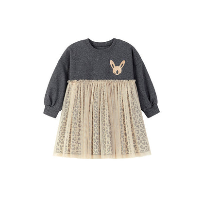 MyKids-USA® Princess Animals Pattern Long Sleeves Tulle Decorated Dress for Stylish Girls