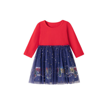 MyKids-USA® Christmas Cartoon Pattern Long Sleeves Tulle Decorated Dress for Stylish Girls