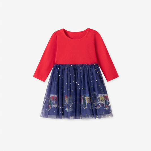 MyKids-USA® Autumn and Spring Arrival Christmas Cartoon Pattern Long Sleeves Tulle Decorated Dress for Stylish Girls