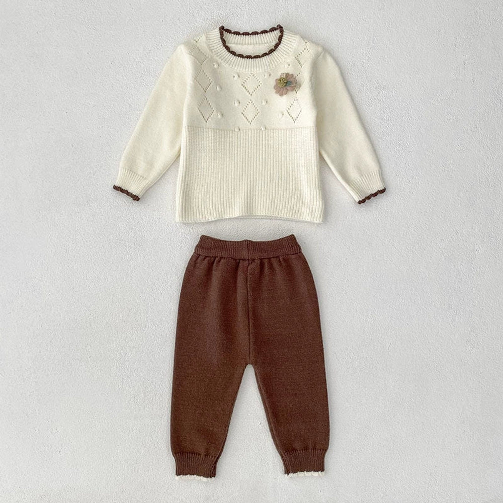MyKids-USA® Baby Girls Long Sleeves Geometric Pattern Knitted Top Sweater and Long Trousers Clothing Set