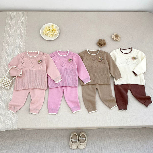 MyKids-USA® Baby Girls Long Sleeves Geometric Pattern Knitted Top Sweater and Long Trousers Clothing Set