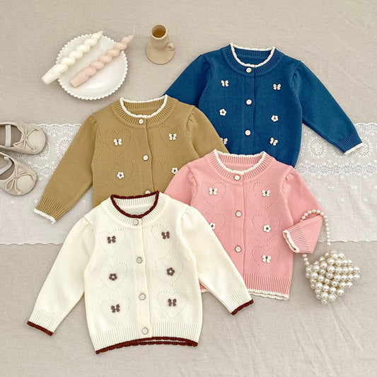 MyKids-USA® Baby Girls Comfortable Butterfly and Flowers Decorated Knitted Long Sleeves Cardigan