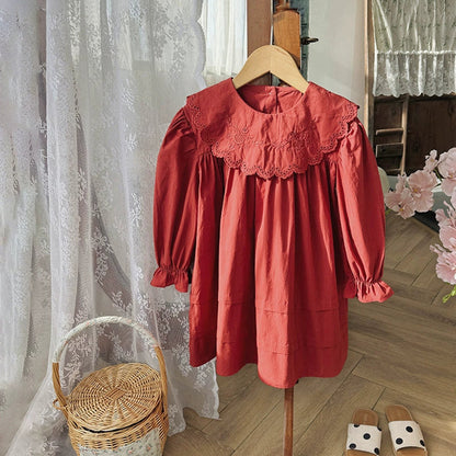 MyKids-USA® Arrival Autumn Girls Solid Color Flowers Embroidery Pattern Long Sleeves Dress