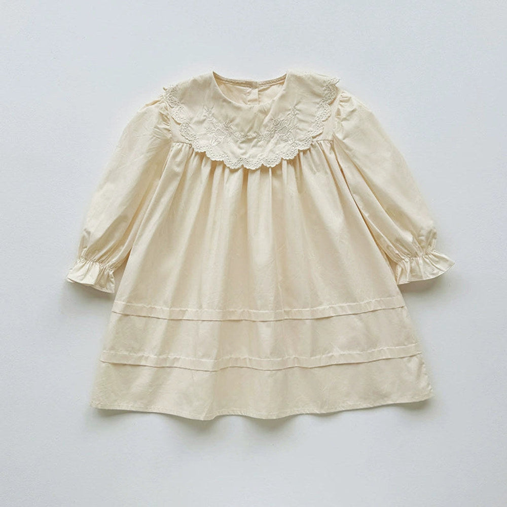 MyKids-USA® Arrival Autumn Girls Solid Color Flowers Embroidery Pattern Long Sleeves Dress