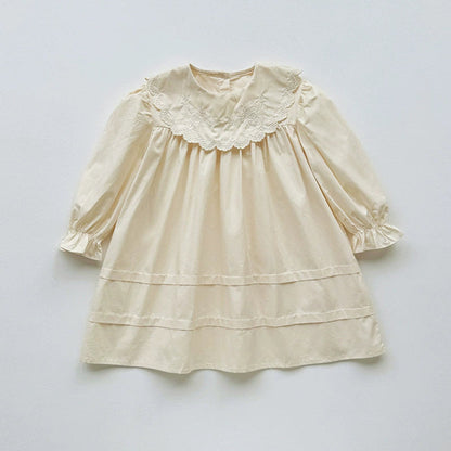 MyKids-USA® Arrival Autumn Girls Solid Color Flowers Embroidery Pattern Long Sleeves Dress