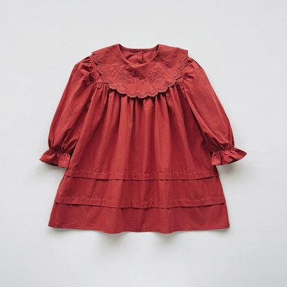 MyKids-USA® Arrival Autumn Girls Solid Color Flowers Embroidery Pattern Long Sleeves Dress