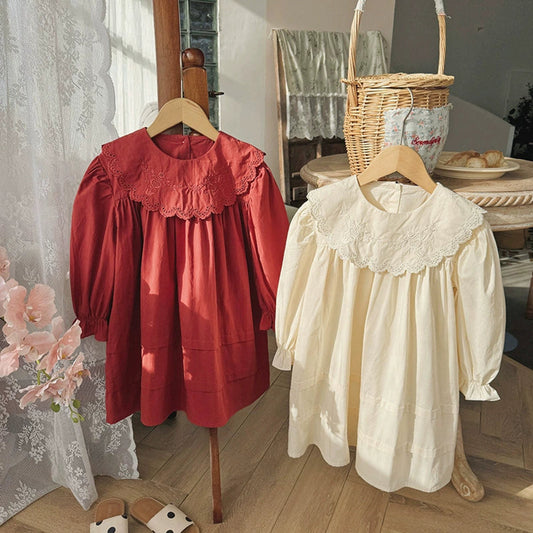 MyKids-USA® Arrival Autumn Girls Solid Color Flowers Embroidery Pattern Long Sleeves Dress