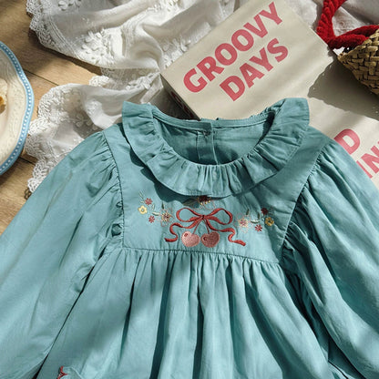 MyKids-USA® Girls Flowers and Cherry Embroidery Pattern Long Sleeves Dress