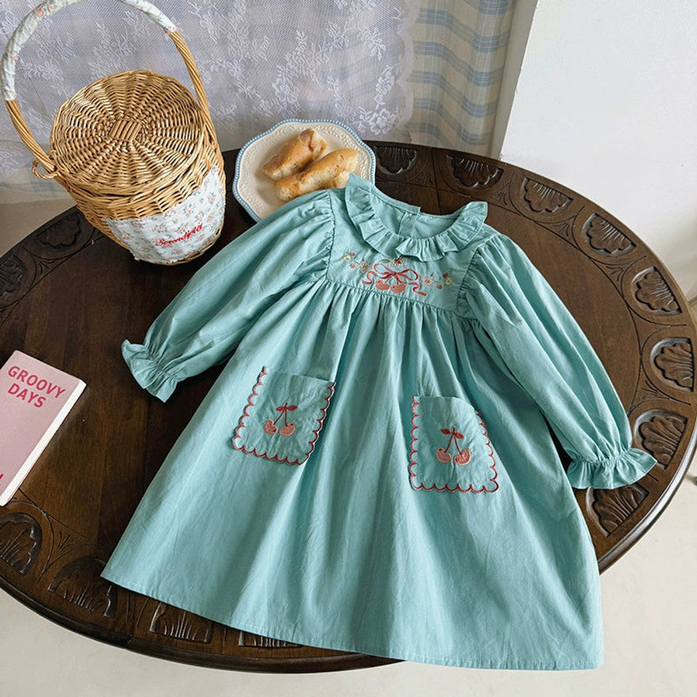 MyKids-USA® Girls Flowers and Cherry Embroidery Pattern Long Sleeves Dress
