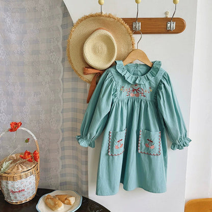 MyKids-USA® Girls Flowers and Cherry Embroidery Pattern Long Sleeves Dress