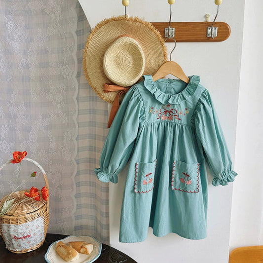 MyKids-USA® Arrival Autumn Girls Flowers and Cherry Embroidery Pattern Long Sleeves Dress