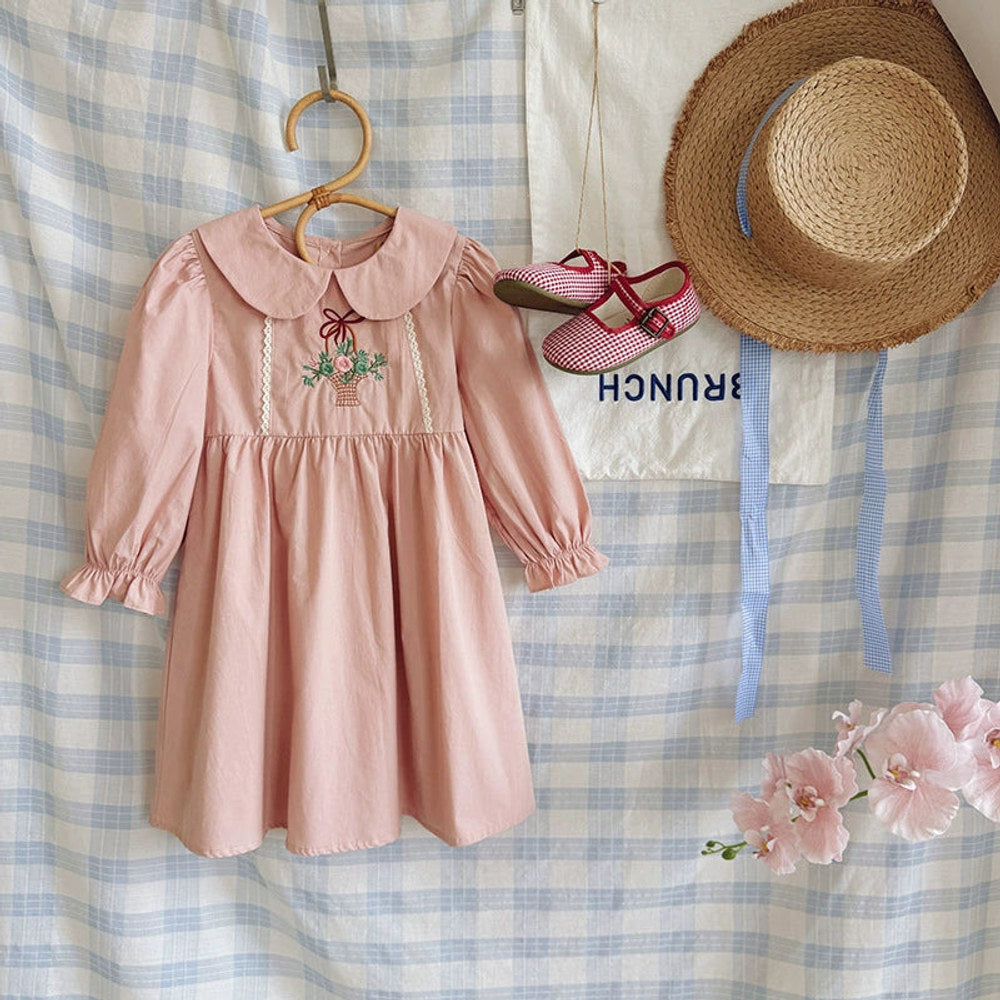 MyKids-USA® Girls Flowers Embroidery Pattern Long Sleeves Pink Dress
