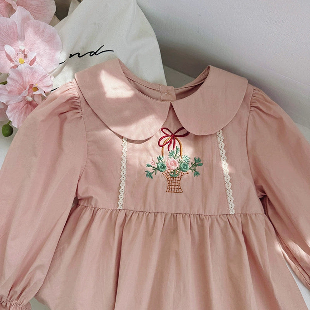 MyKids-USA® Girls Flowers Embroidery Pattern Long Sleeves Pink Dress