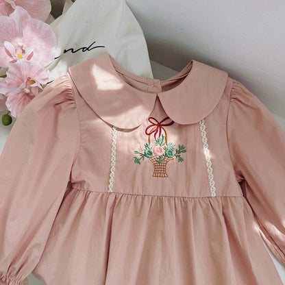MyKids-USA® Girls Flowers Embroidery Pattern Long Sleeves Pink Dress