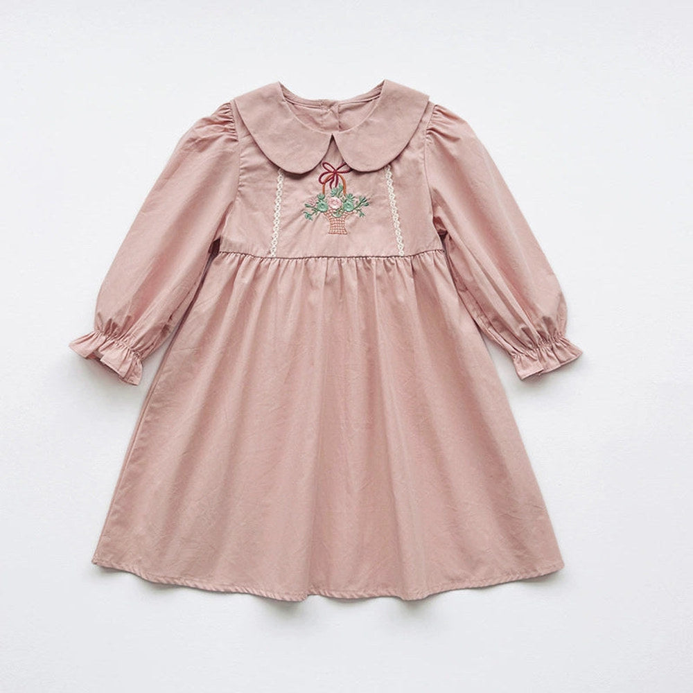 MyKids-USA® Girls Flowers Embroidery Pattern Long Sleeves Pink Dress