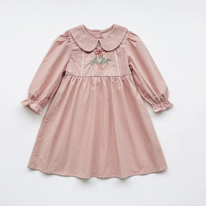 MyKids-USA® Girls Flowers Embroidery Pattern Long Sleeves Pink Dress