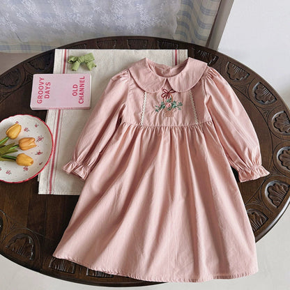 MyKids-USA® Girls Flowers Embroidery Pattern Long Sleeves Pink Dress