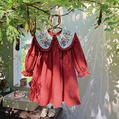 MyKids-USA® Girls Vintage Flowers Embroidery Pattern Long Sleeves Dress