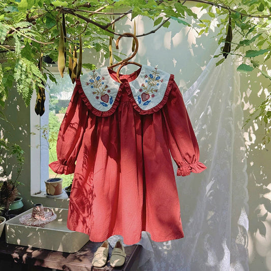 MyKids-USA® Arrival Autumn Girls Vintage Flowers Embroidery Pattern Long Sleeves Dress