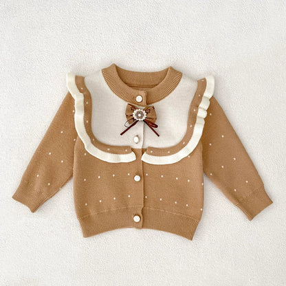 MyKids-USA® Baby Girls Comfortable Dots Pattern Color Patchwork Knitted Long Sleeves Cardigan