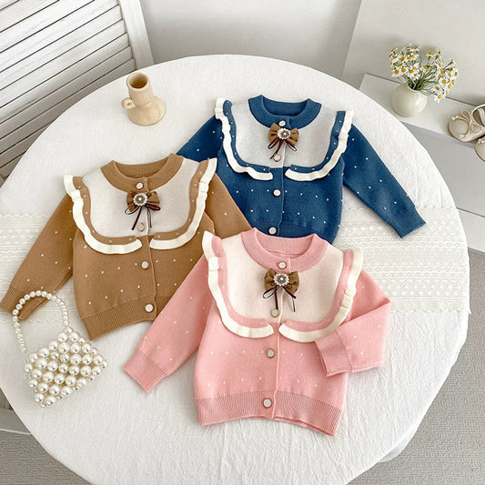 MyKids-USA® Baby Girls Comfortable Dots Pattern Color Patchwork Knitted Long Sleeves Cardigan