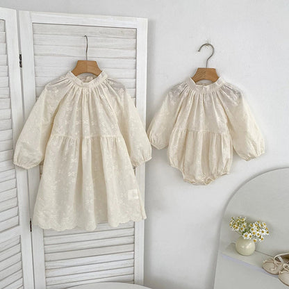 MyKids-USA® Baby Girls Butterfly-bows Pattern Embroidered Long-sleeved bodysuit and Dress – Princess Sister Matching Set