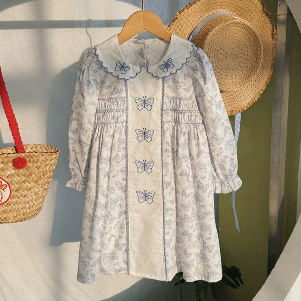 MyKids-USA® Girls Butterfly Printed and Embroidery Pattern Long Sleeves Dress
