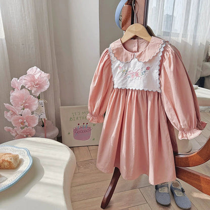 Arrival Autumn Girls Butterfly-bow and Strawberry Embroidery Pattern Long Sleeves Dress