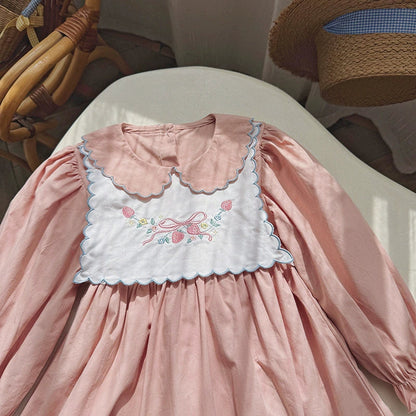 Arrival Autumn Girls Butterfly-bow and Strawberry Embroidery Pattern Long Sleeves Dress