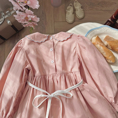 Arrival Autumn Girls Butterfly-bow and Strawberry Embroidery Pattern Long Sleeves Dress