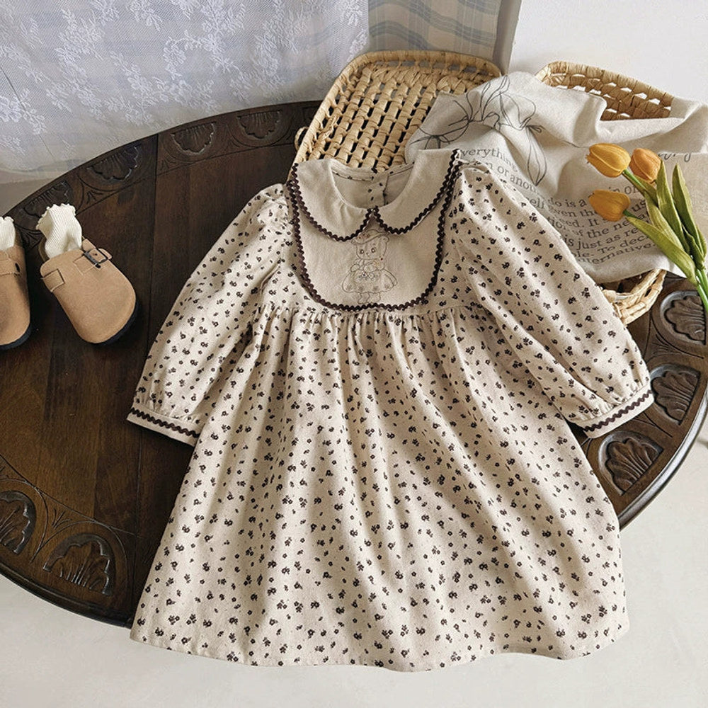 MyKids-USA® Girls Teddy Bear Embroidery and Floral Pattern Long Sleeves Dress