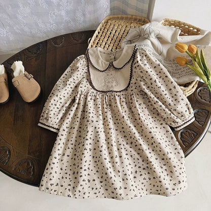 MyKids-USA® Girls Teddy Bear Embroidery and Floral Pattern Long Sleeves Dress