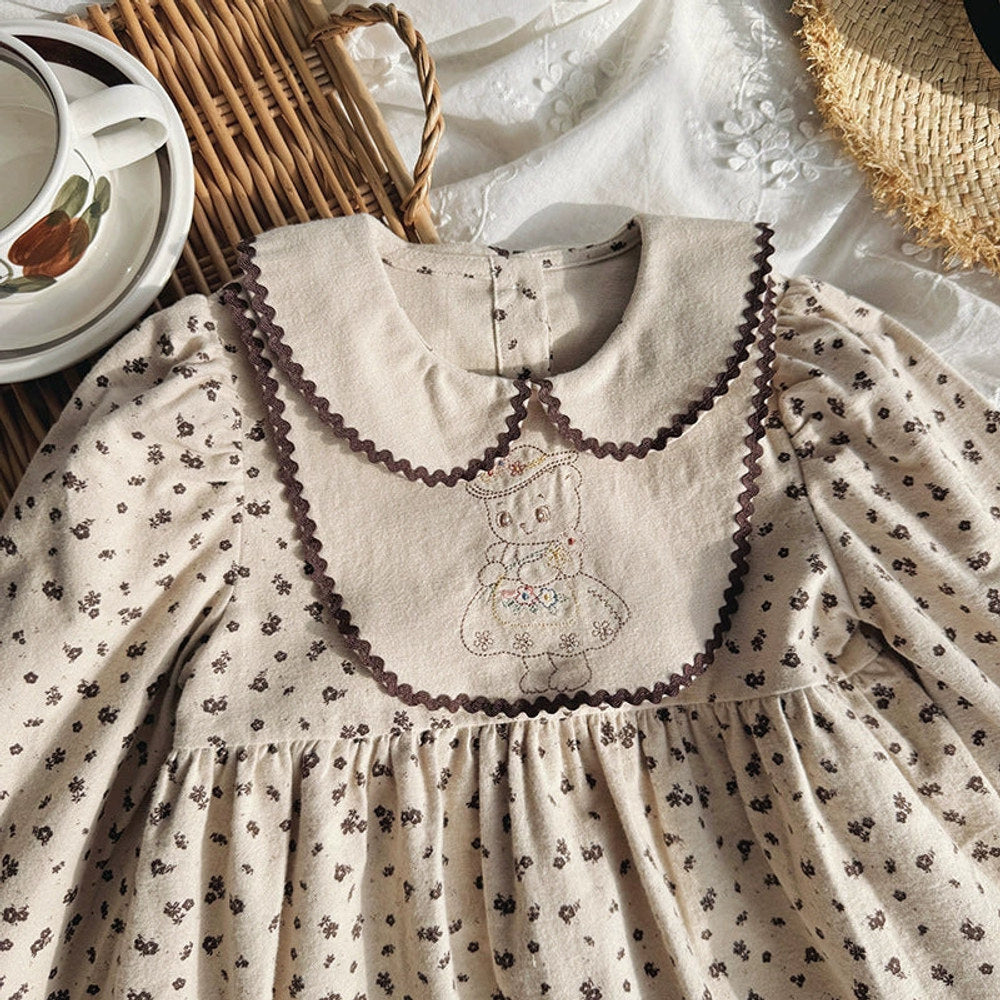 MyKids-USA® Girls Teddy Bear Embroidery and Floral Pattern Long Sleeves Dress