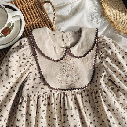 MyKids-USA® Girls Teddy Bear Embroidery and Floral Pattern Long Sleeves Dress