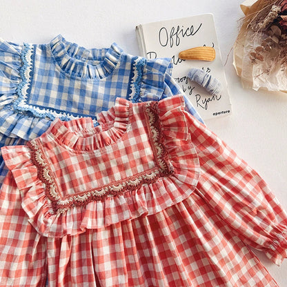 Arrival Autumn Girls Plaid Pattern Long Sleeves Ruffle Neck Dress