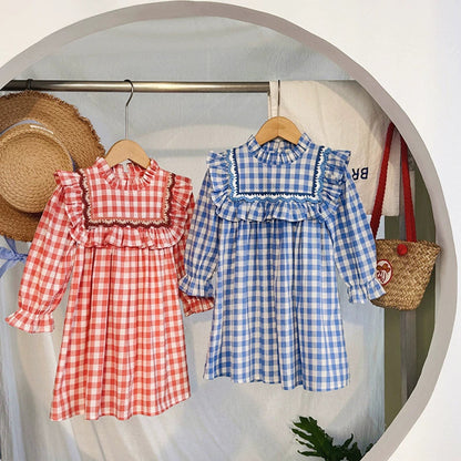 Arrival Autumn Girls Plaid Pattern Long Sleeves Ruffle Neck Dress