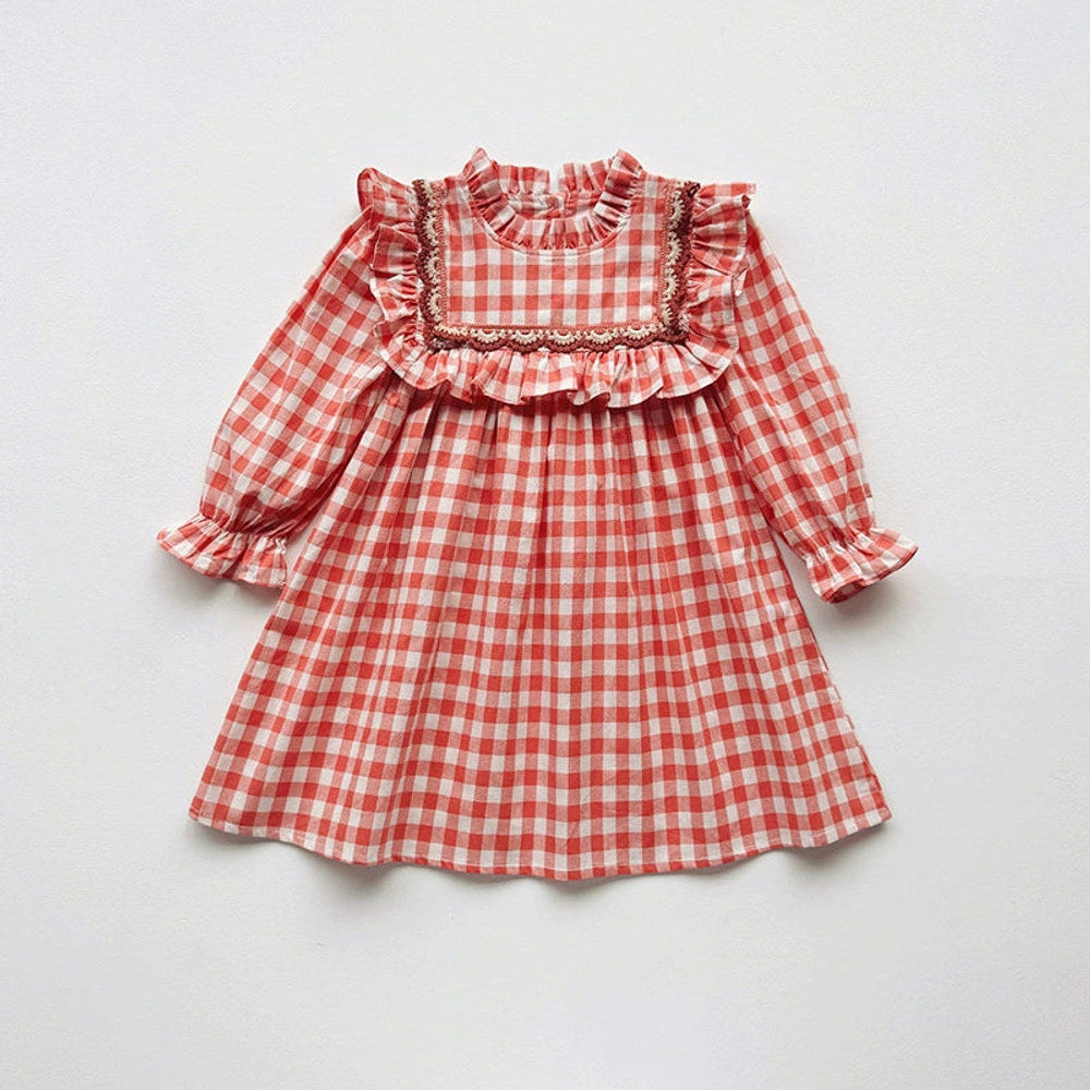 Arrival Autumn Girls Plaid Pattern Long Sleeves Ruffle Neck Dress